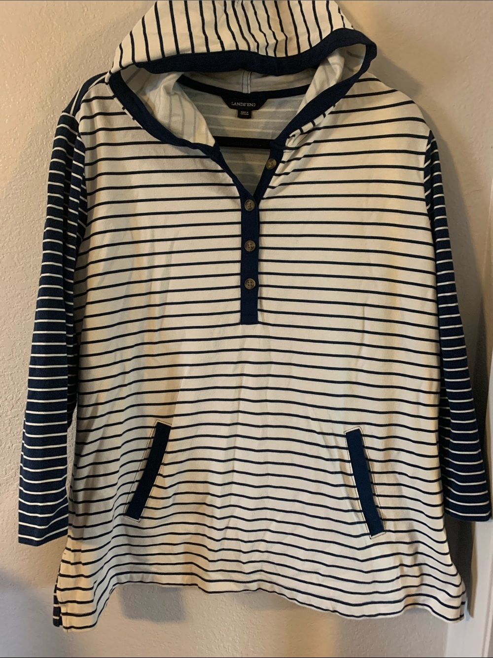 Lands End Navy & White Striped Hooded Pullover Top XL (18)